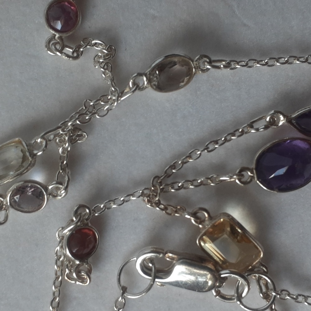 VtgSterling Silver MultiGemstone Necklace Amethyst,Garnet,Citrine & Quartz w/box - Picture 3 of 10